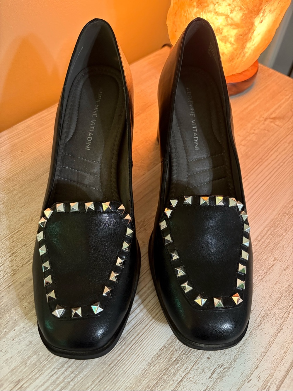 Adrienne Vittadini Black Leather Loafers Studded Square Toe Slip On Dress Shoe